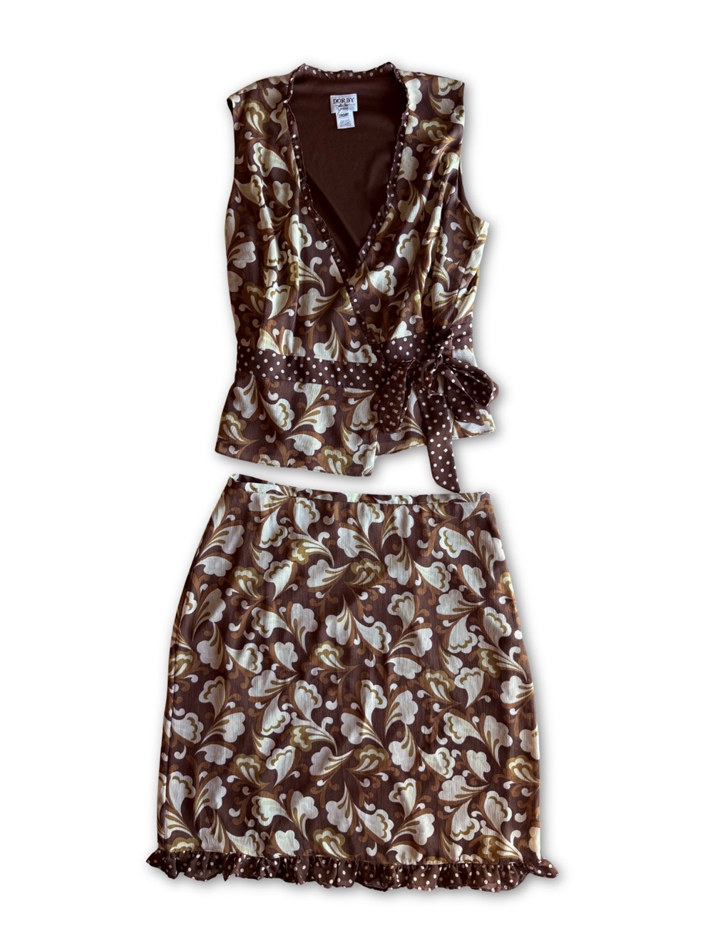 Vintage Y2K Dorby Brown Abstract Floral & Polka Dot Matching Set